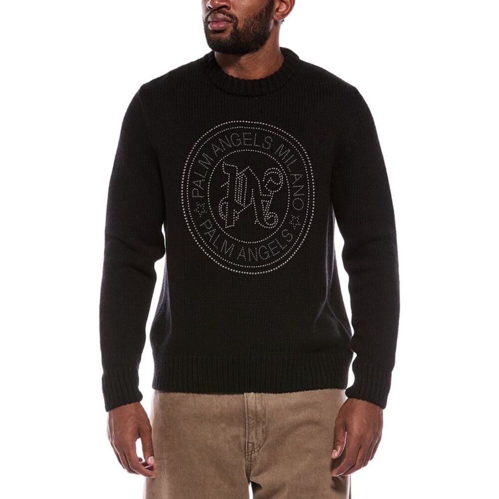 Palm Angels Mens Wool & Cashmere-Blend Crewneck Sweater, Black